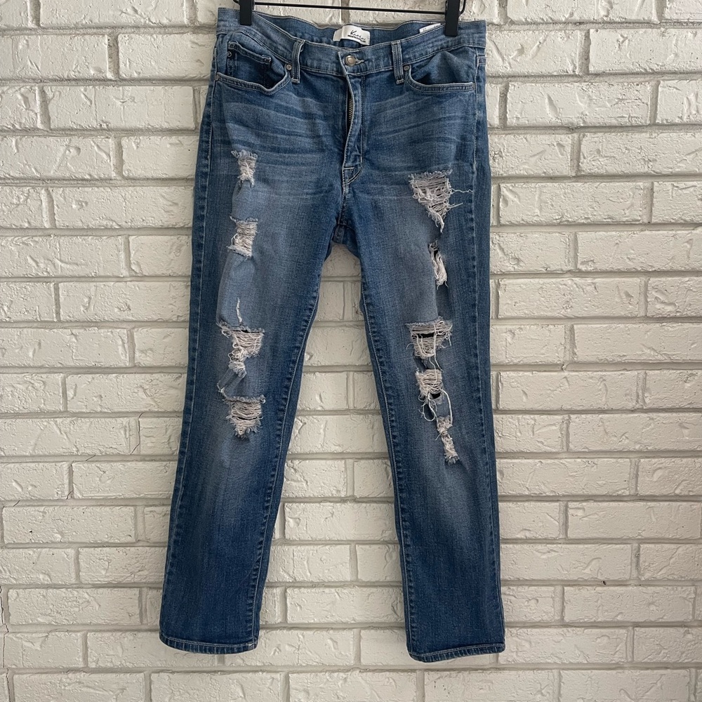 Kancan Distressed Mid Rise Straight Leg Cropped Stretch Blue Jeans 28